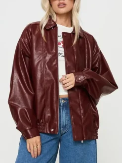 Womens Burgundy Leather Bomber Jacket Front