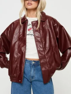 Womens Burgundy Leather Bomber Jacket Main