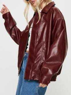 Womens Burgundy Leather Bomber Jacket Side