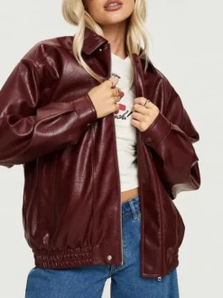 Womens Burgundy Leather Bomber Jacket Style