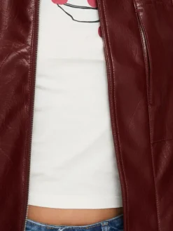 Womens Burgundy Leather Bomber Jacket Zipper