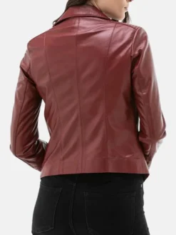 Womens Burgundy Moto Leather Jacket Back