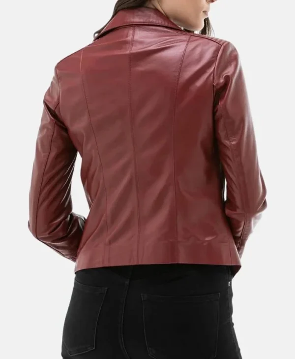 Womens Burgundy Moto Leather Jacket Back