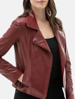 Womens Burgundy Moto Leather Jacket Closure