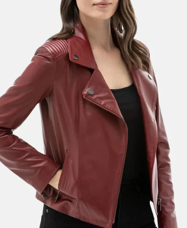 Womens Burgundy Moto Leather Jacket Closure