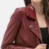 Womens Burgundy Moto Leather Jacket Collar