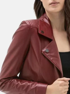 Womens Burgundy Moto Leather Jacket Collar