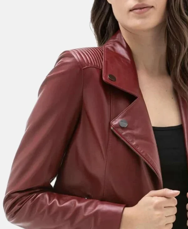 Womens Burgundy Moto Leather Jacket Collar