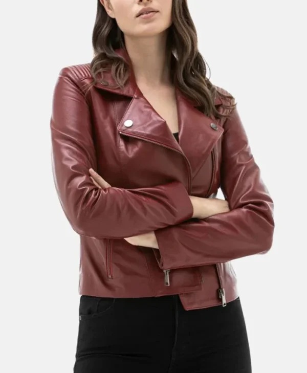 Womens Burgundy Moto Leather Jacket Main