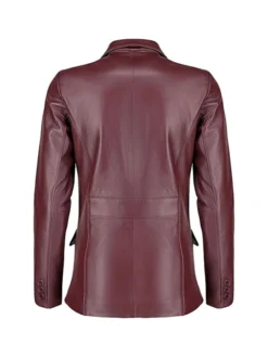Womens Buttoned Burgundy Leather Blazer Back