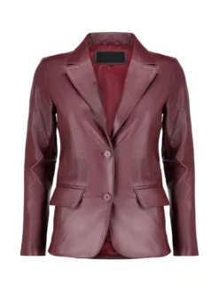 Womens Buttoned Burgundy Leather Blazer Main