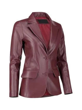 Womens Buttoned Burgundy Leather Blazer Side