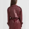 Womens Maroon Leather Trench Coat Back