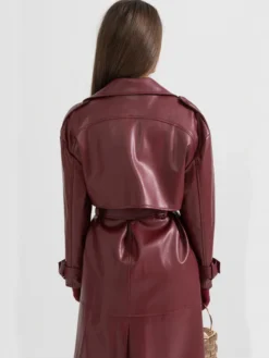 Womens Maroon Leather Trench Coat Back