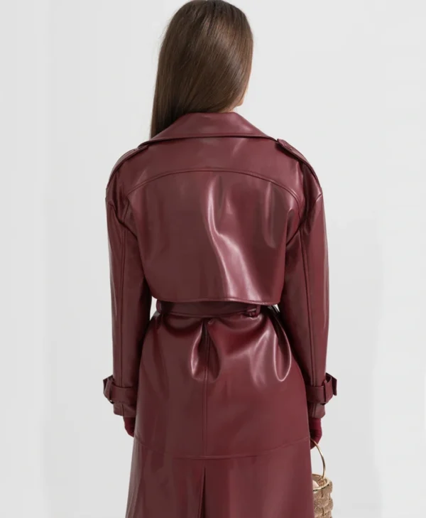 Womens Maroon Leather Trench Coat Back