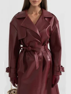 Womens Maroon Leather Trench Coat Buttoned
