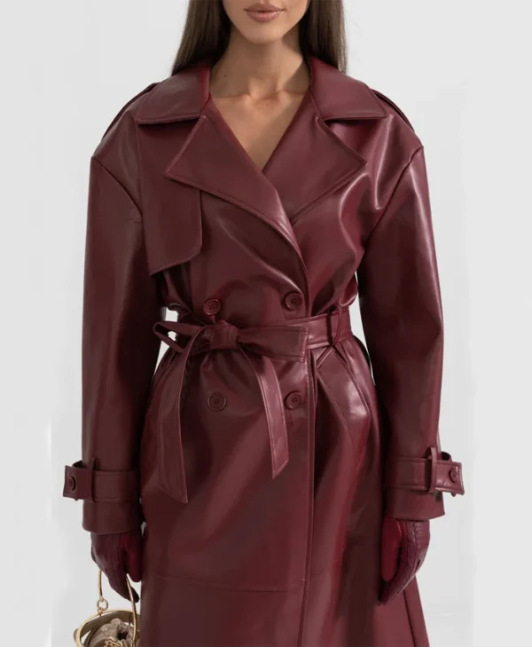Womens Maroon Leather Trench Coat Buttoned