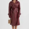 Womens Maroon Leather Trench Coat Main