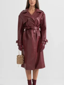 Womens Maroon Leather Trench Coat Main