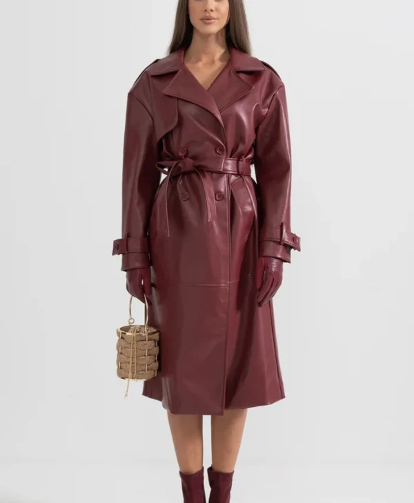 Womens Maroon Leather Trench Coat Main