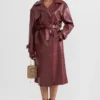 Womens Maroon Leather Trench Coat Pockets