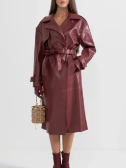 Womens Maroon Leather Trench Coat Pockets