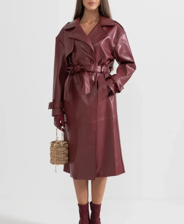 Womens Maroon Leather Trench Coat Pockets