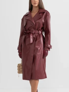 Women's Maroon Leather Trench Coat Style