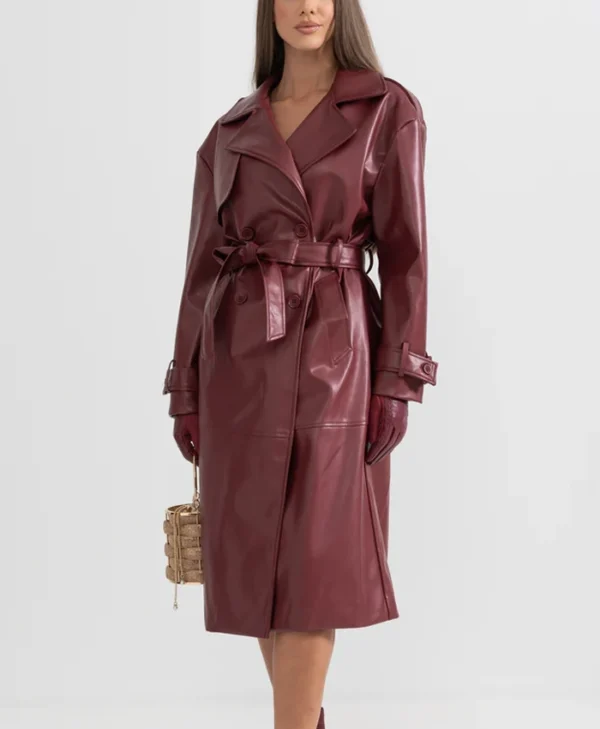Womens Maroon Leather Trench Coat Style