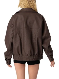 Womens Oversized Brown Leather Jacket Back
