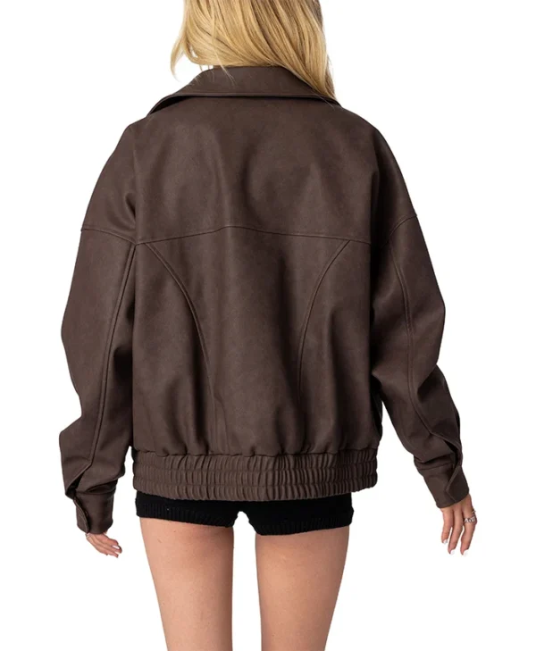 Womens Oversized Brown Leather Jacket Back