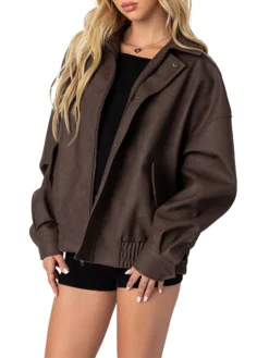 Womens Oversized Brown Leather Jacket Front