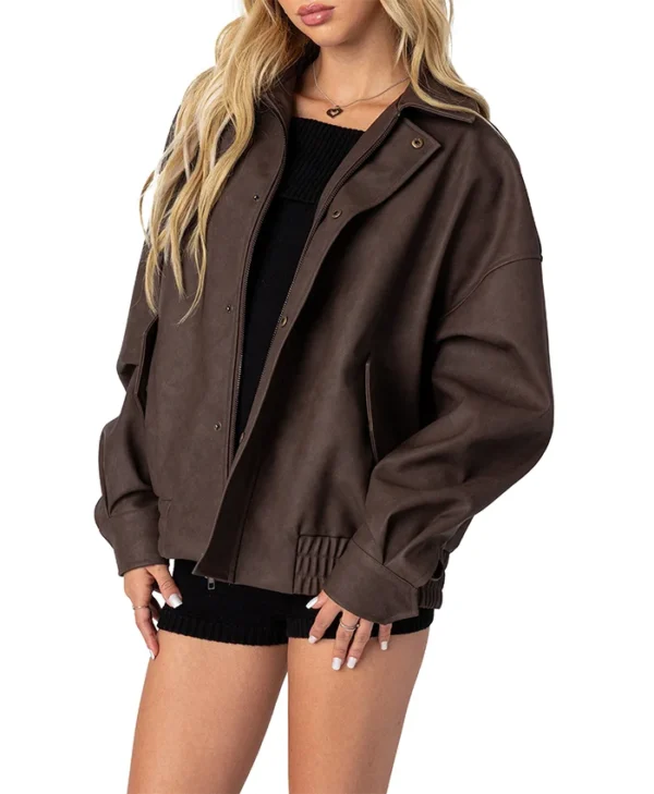 Womens Oversized Brown Leather Jacket Front