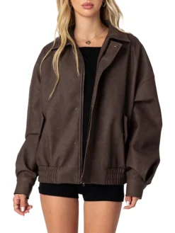 Womens Oversized Brown Leather Jacket Main