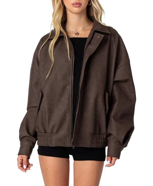 Womens Oversized Brown Leather Jacket Main