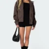 Womens Oversized Brown Leather Jacket Stand Up