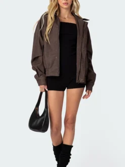 Womens Oversized Brown Leather Jacket Stand Up
