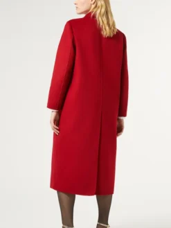 Womens Red Single Breasted Long Wool Coat Back