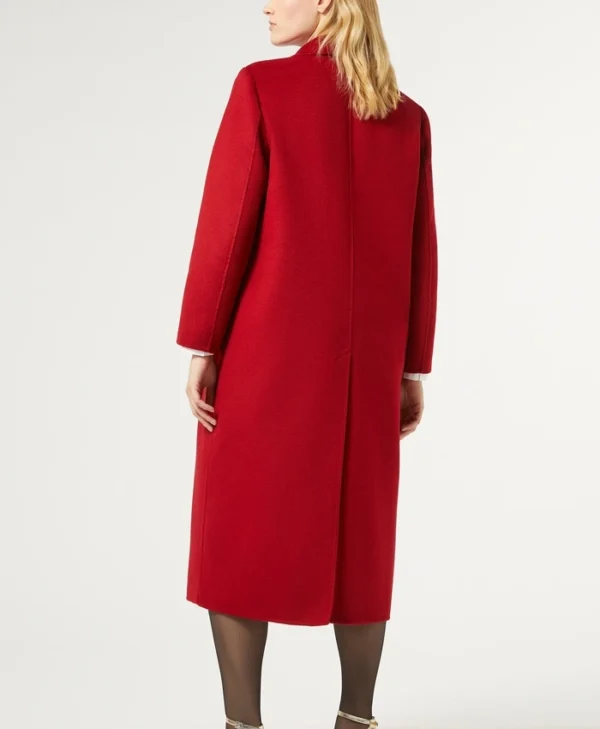 Womens Red Single Breasted Long Wool Coat Back
