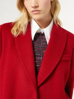 Womens Red Single Breasted Long Wool Coat Collar