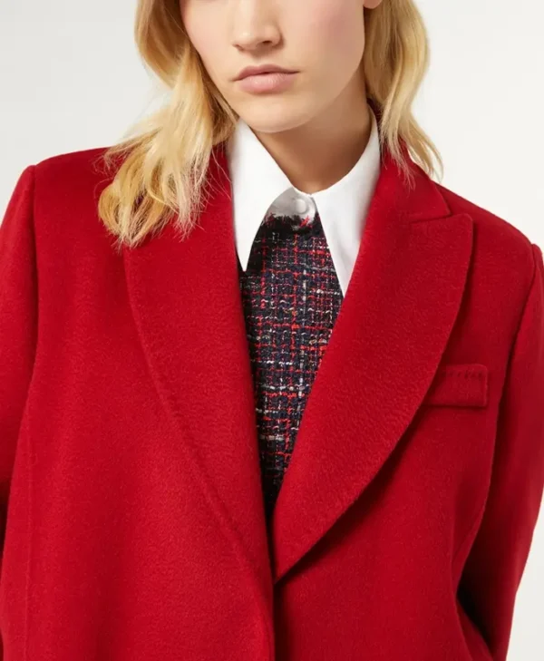 Womens Red Single Breasted Long Wool Coat Collar