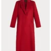 Womens Red Single Breasted Long Wool Coat Front