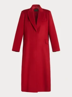 Womens Red Single Breasted Long Wool Coat Front