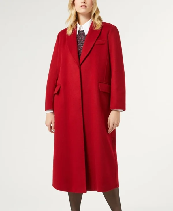 Womens Red Single Breasted Long Wool Coat Main