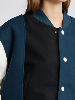 Womens Triple Color Stylish Varsity Bomber Jacket Buttoned