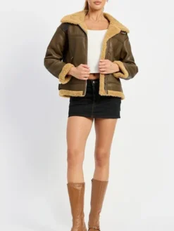 B3 Brown Shearling Flight Pilot Jacket Womens Stand Up