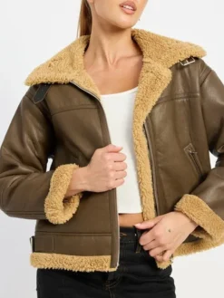 B3 Brown Shearling Flight Pilot Jacket Womens Zipper