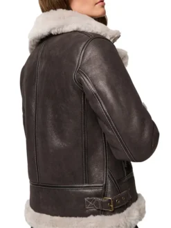Dark Brown Hooded Shearling Jacket Womens Back