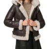 Dark Brown Hooded Shearling Jacket Womens Main