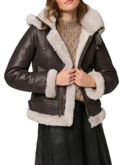 Dark Brown Hooded Shearling Jacket Womens Main